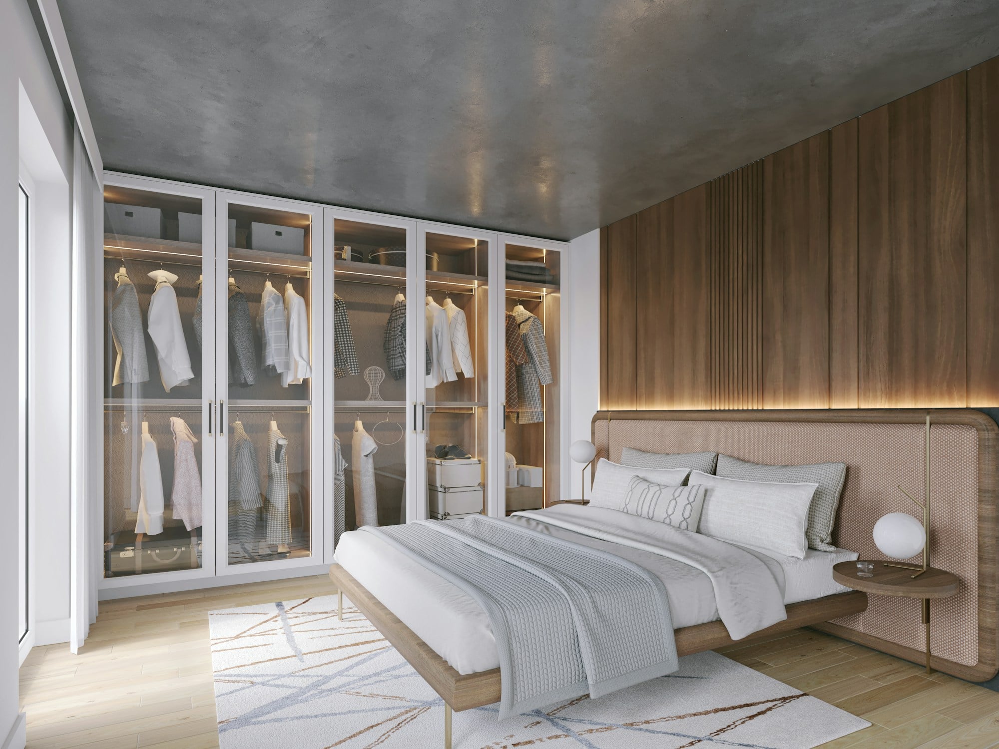 Bedroom with a glazed wardrobe wall beside a slatted walnut headboard wall with soft backlighting