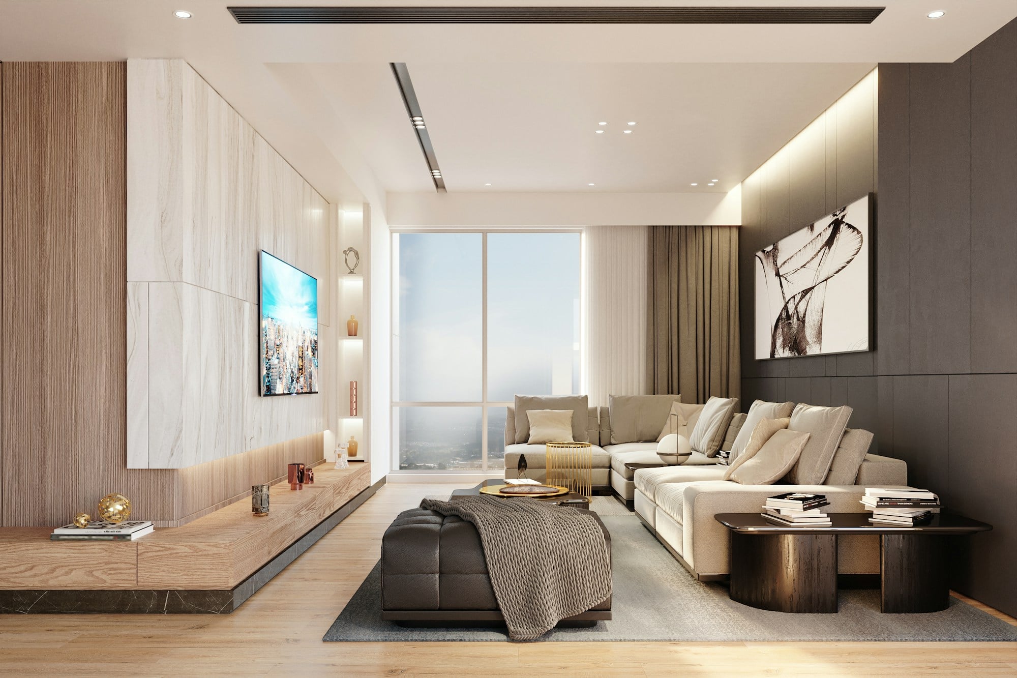 Living room with a pale marble feature wall, a long oak media unit, a corner sofa and a floor-to-ceiling window