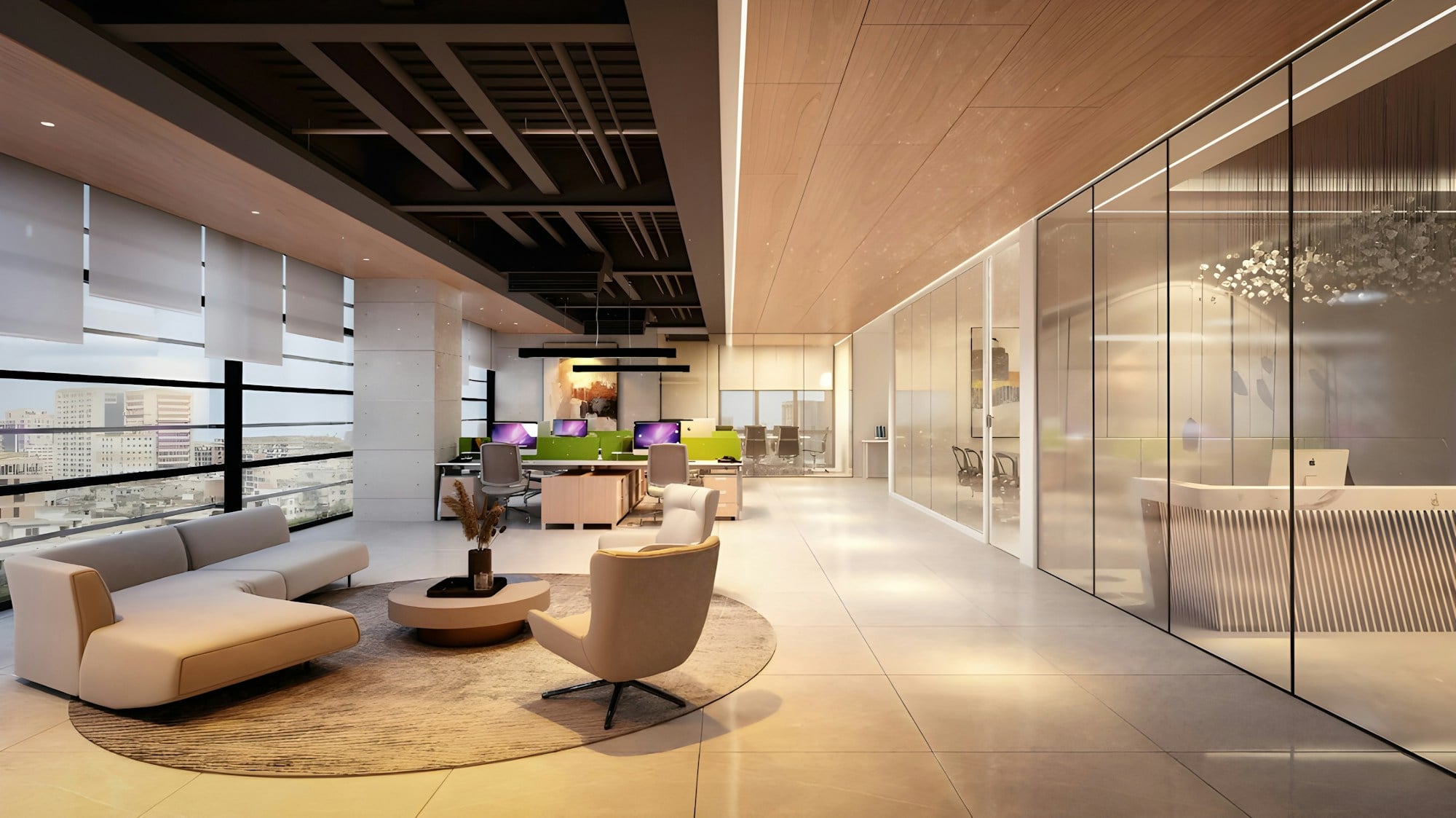 Open-plan office with a timber ceiling, glass partitions, a lounge seating area and workstations in the distance