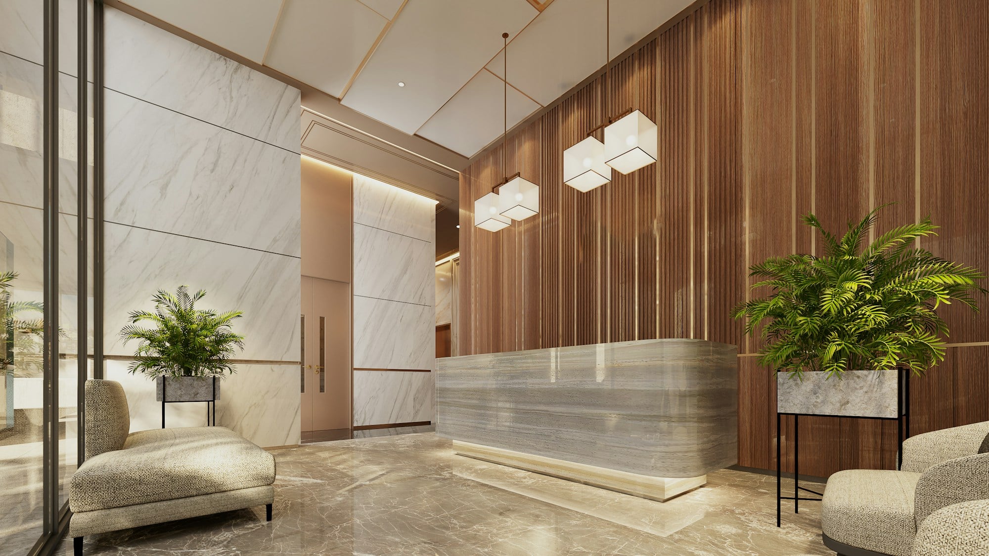 Reception area with a curved stone counter, a fluted timber feature wall, marble panels and square pendant lights