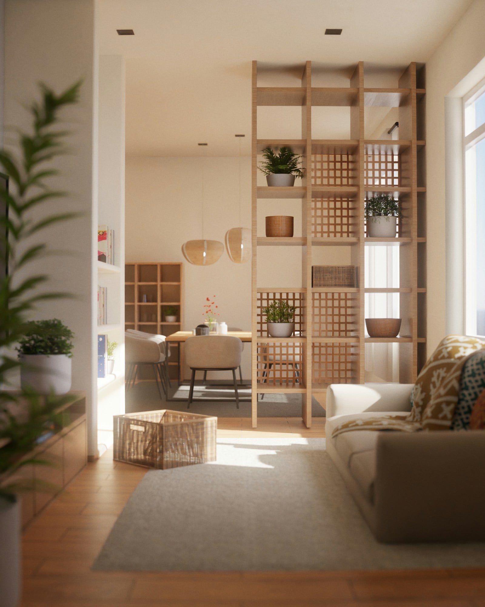 Tall timber shelving divider with potted plants between a living area and a dining area in warm daylight